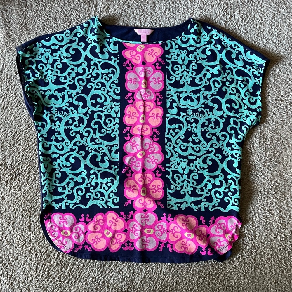Lilly Pulitzer 100% Silk Marion Short Sleeve Blouse Top Sz XS/S